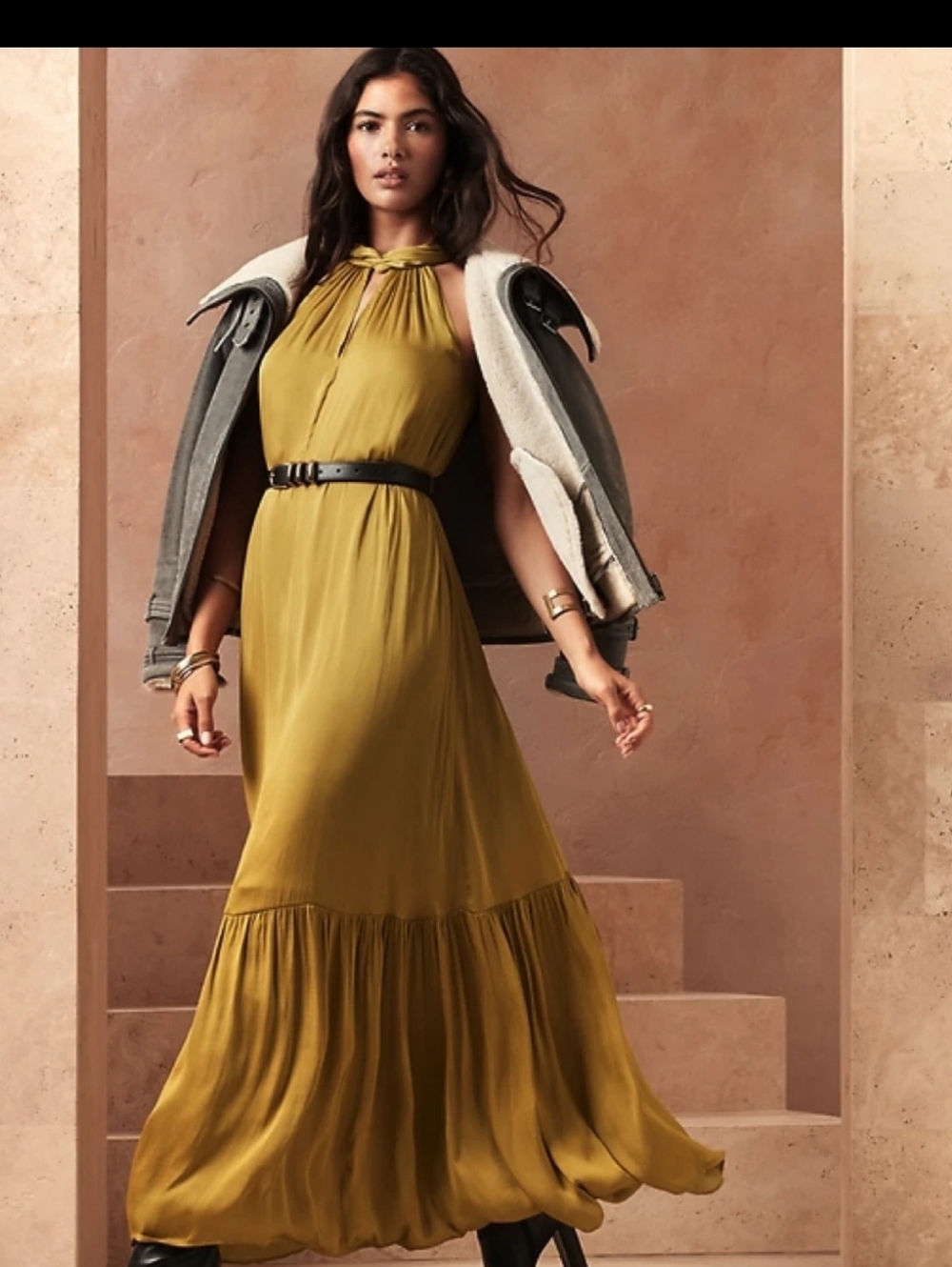 BANANA REPUBLIC Satin Twisted Maxi Dress | Aspirational Gold Greek Goddess Large